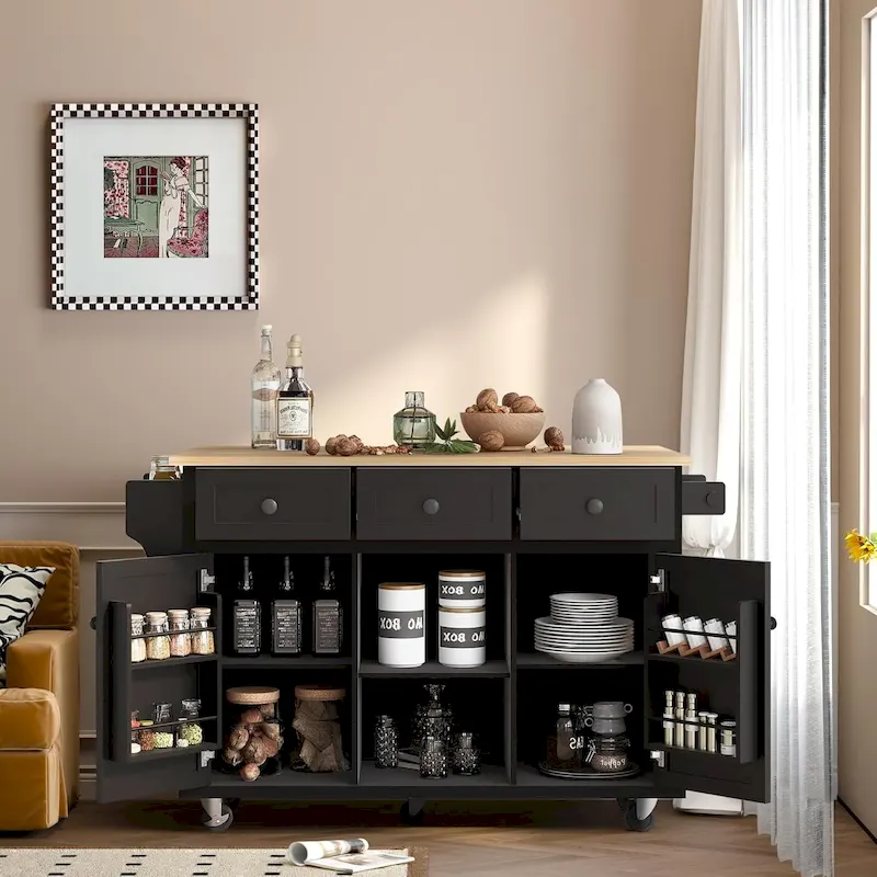 Roomfitters Kitchen Cart with Rubber wood Drop-Leaf Countertop, 5-Wheel Kitchen Island with Storage Cabinet & 3 Drawers