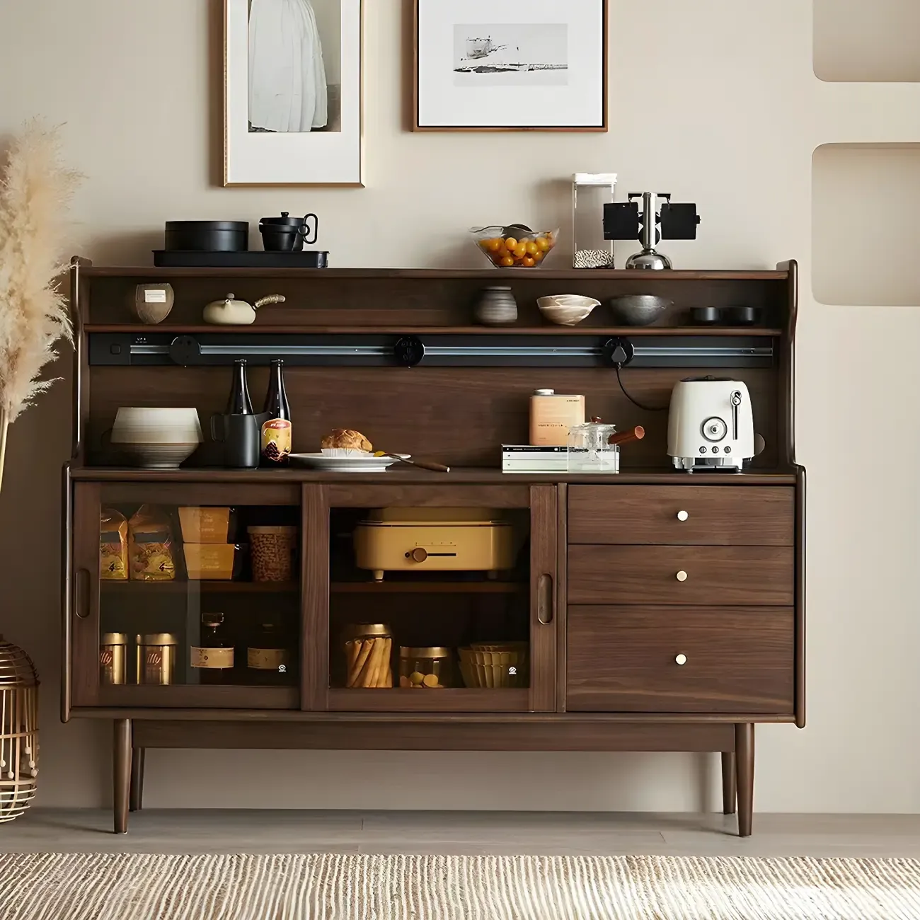 Wooden Sideboard with Glass Sliding Doors, Drawers & Cabinets