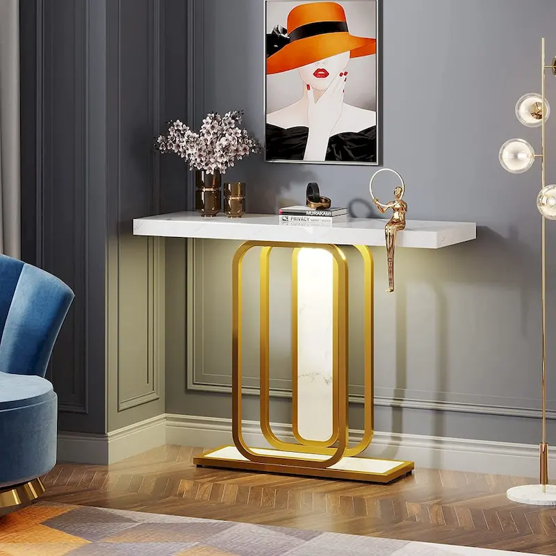 41.3  Console Table with LED Lights, Modern Gold White Entryway Hallway Accent Table