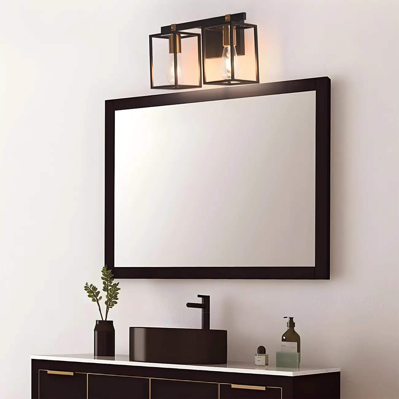 3-Light Linear Cube Black Iron Caged Vanity Light