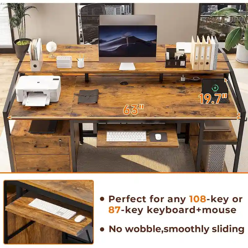 LED Computer Desk With Lock Drawers Keyboard Tray Power Outlet