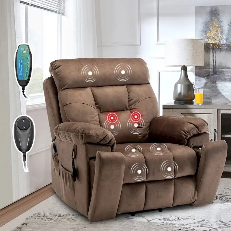 Power Lift Recliner, Massage & Heat, Velvet, 8-Point Massage, Cup Holder, Reclines 160°, Seats 1, Light/Dark Brown