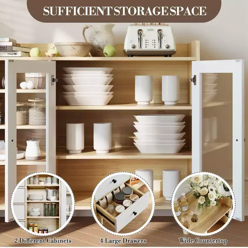 55 Rustic Kitchen Storage Cabinet, Sideboard Cabinet with Drawers - Kitchen Buffet Cabinet with Glass Doors & Adjustable Shelves