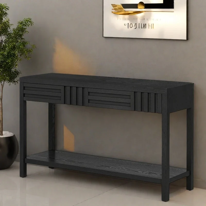 51.3 MDF Classic Stripe Console Table - Ash Veneer & Fir Wood Legs with 2 Drawers