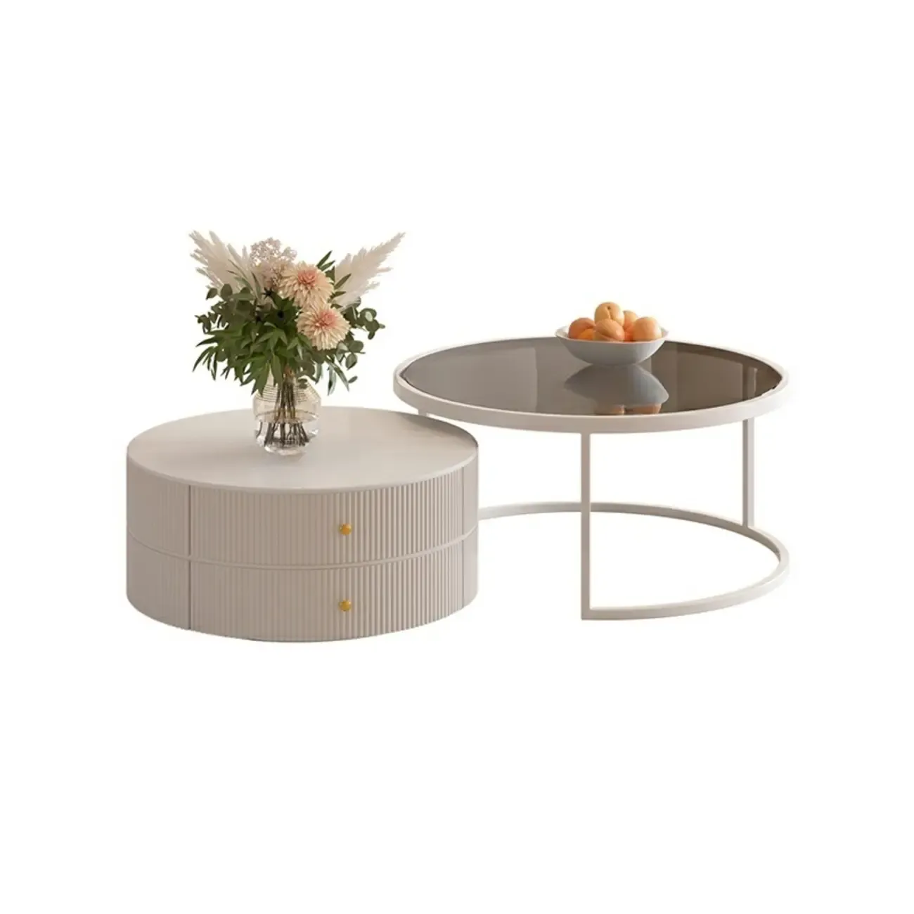 White Round Wheeled Round Wood Drawer Coffee Table