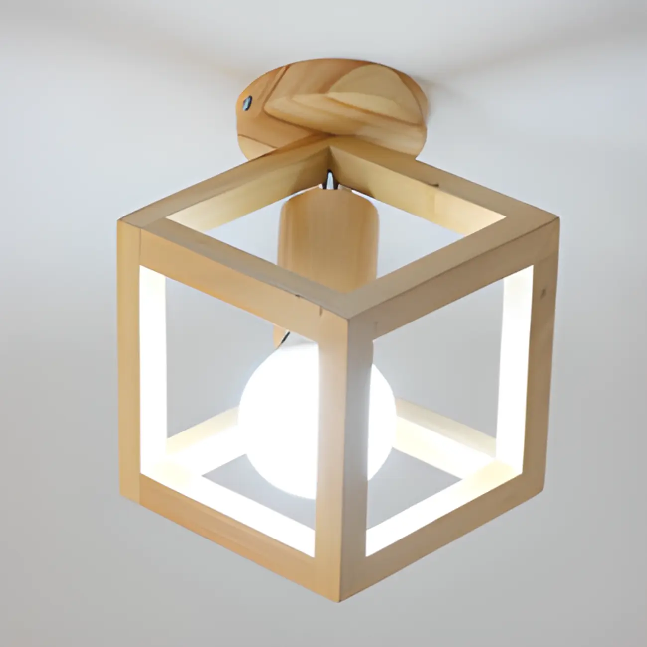 Natural Rubber Wood Cube Shade Semi Flush Ceiling Light