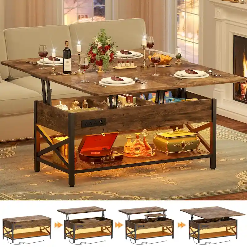Expandable Lift Top Coffee Table Converts to Dining Table with LED Light and Power Outlet - 39 in. W X 41.73 in. L X 26.6 in. H
