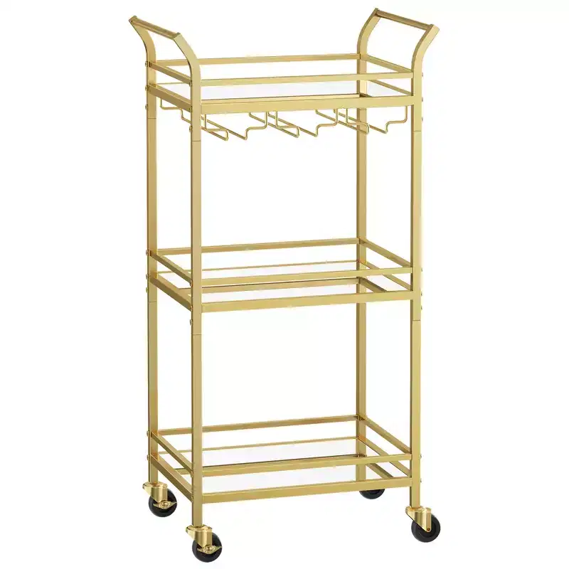 VASAGLE Bar Cart, Home Bar Serving Cart, Small Bar Cart with 3-Tier Shelf, Wine Holders, Glass Holders, Mini Bar Cart Kitchen, Pale Gold