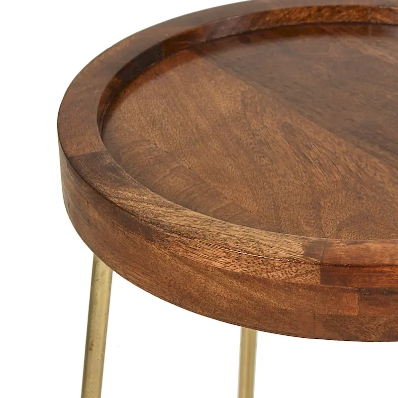 Gold Iron And Natural Wood Round Accent Table by