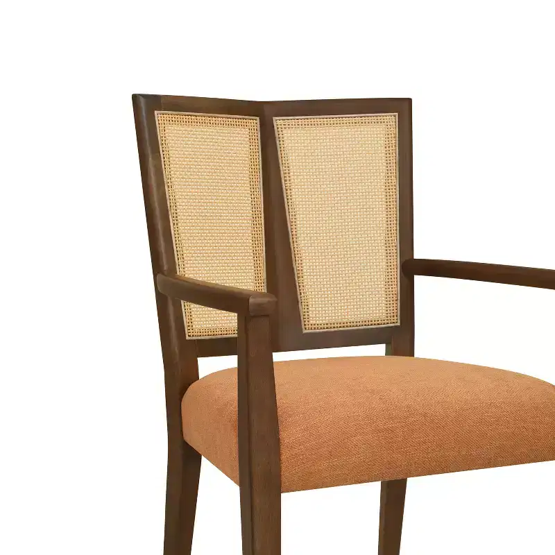 Beige/Dark Brown Upholstered Dining Arm Chairs with Rattan Back, Set of 2