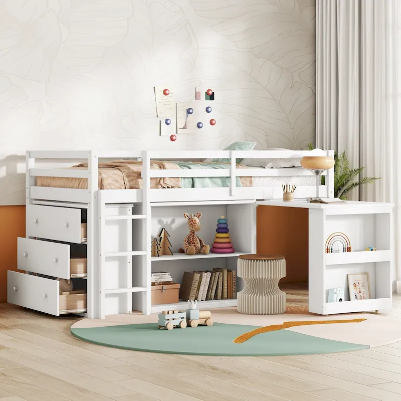 Twin Loft Bed with Pull-Out Desk, 3-Drawer Cabinet & Shelves