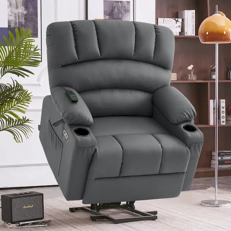 MCombo Power Lift Recliner Chair Sofa with Massage and Heat, Faux Leather R7096 (Medium-Wide)
