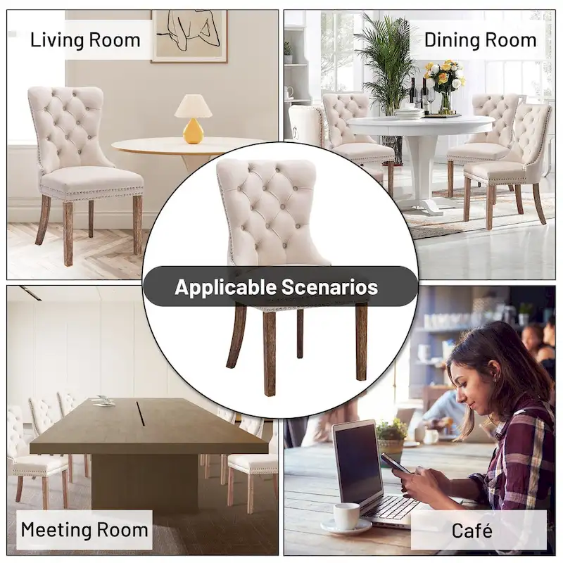 Dining Chairs Set of 2, Upholstered Accent Chair Button Tufted Armless Chair with Back Ring Pull and Nailhead Trim