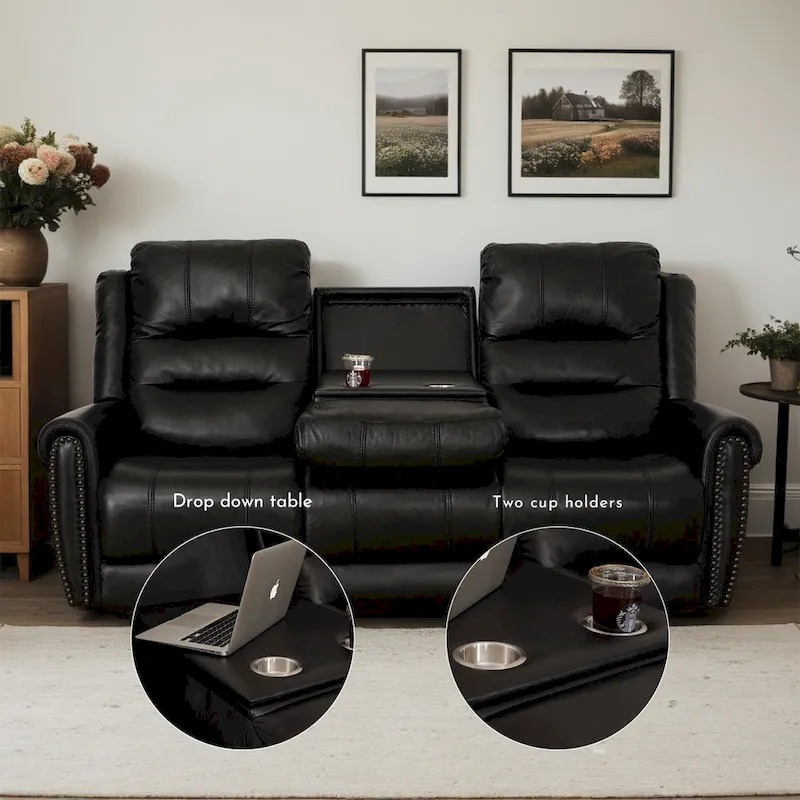 Genuine Leather Black Power Recliner Sofa, Loveseat, Recliner With Adjustable Headrest and Extendable Footrest