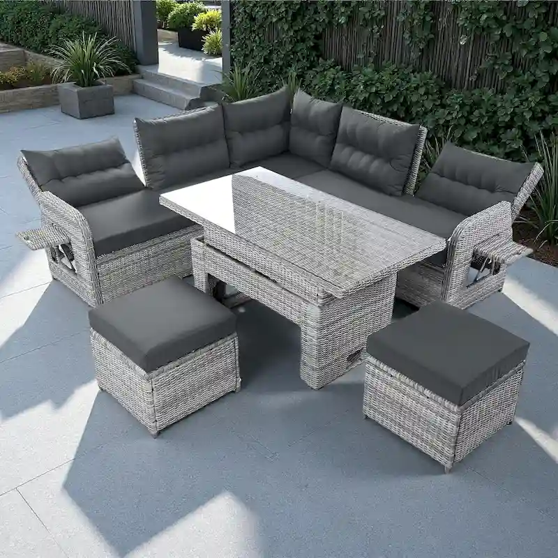 Outdoor Patio Rattan Sectional Sofa Set with Adjustable Height Table and 2 Reclining Seat, Extendable Side Tables
