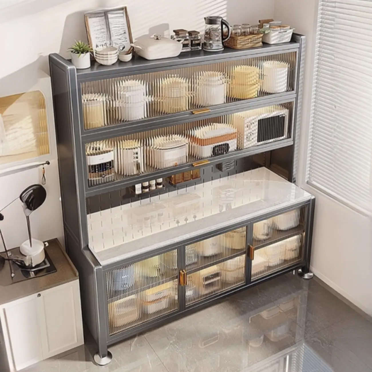 Modern Metal Buffet with Stone Countertop Narrow Design