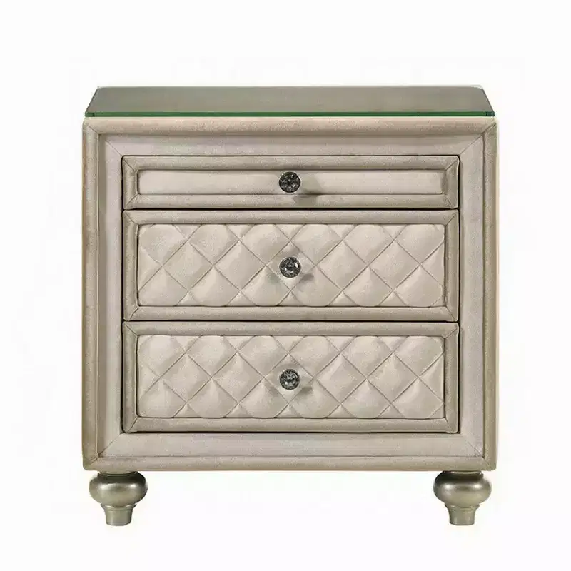 Beige Velvet Upholstered 2-Drawer Nightstand with Glass Top