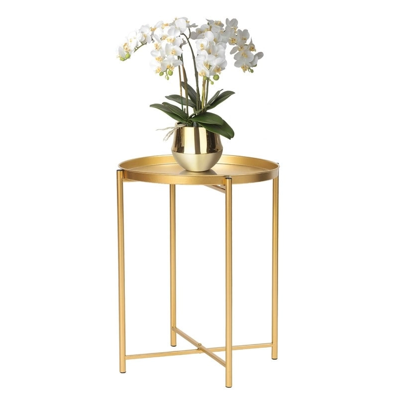 Adeco Gold End Table Metal Waterproof Snack Beside Table Accent Coffee Table - 16.9(D)x 16.9(W)x 20.5(H)