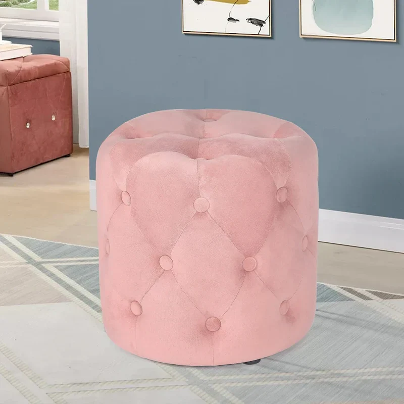 Adeco Tufted Round Ottoman - Upholstered Ottoman Footstool Foot Rest