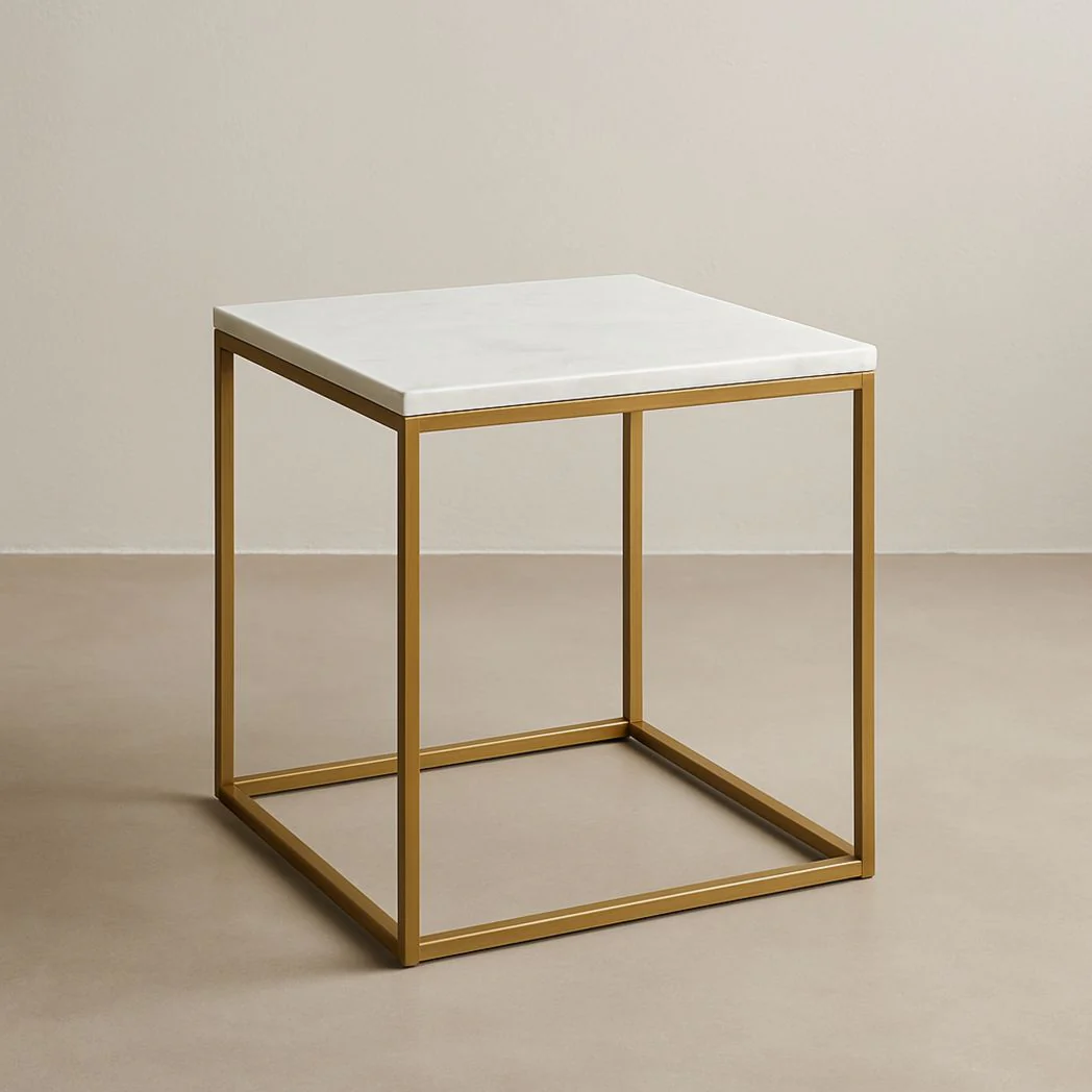 Table d'appoint carrée marbre métal doré 45 cm x 45 cm x 50 cm
