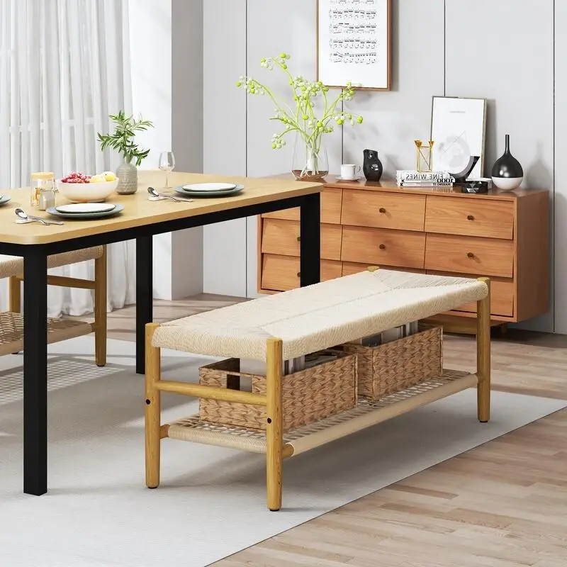 Boho Farmhouse Solid Wood Entryway Shoe Bench with Hand Woven Rope Design and Two Baskets, Natural End To Bed Bench