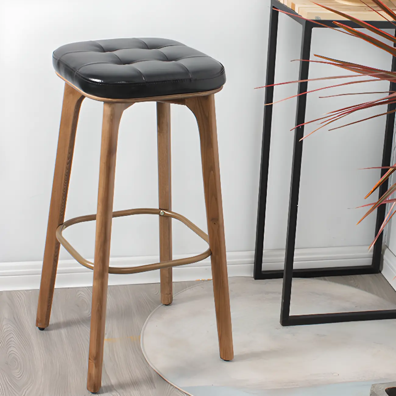 Scandinavian Wood Tufted Leatherette Bar Stools Backless