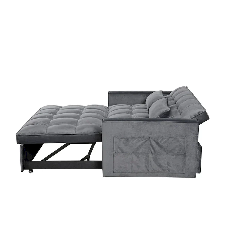 Modern Velvet Loveseat Futon Sofa Couch Pullout Bed, Small Love Seat Lounge Sofa w/Reclining Backrest, Toss Pillows, Pockets