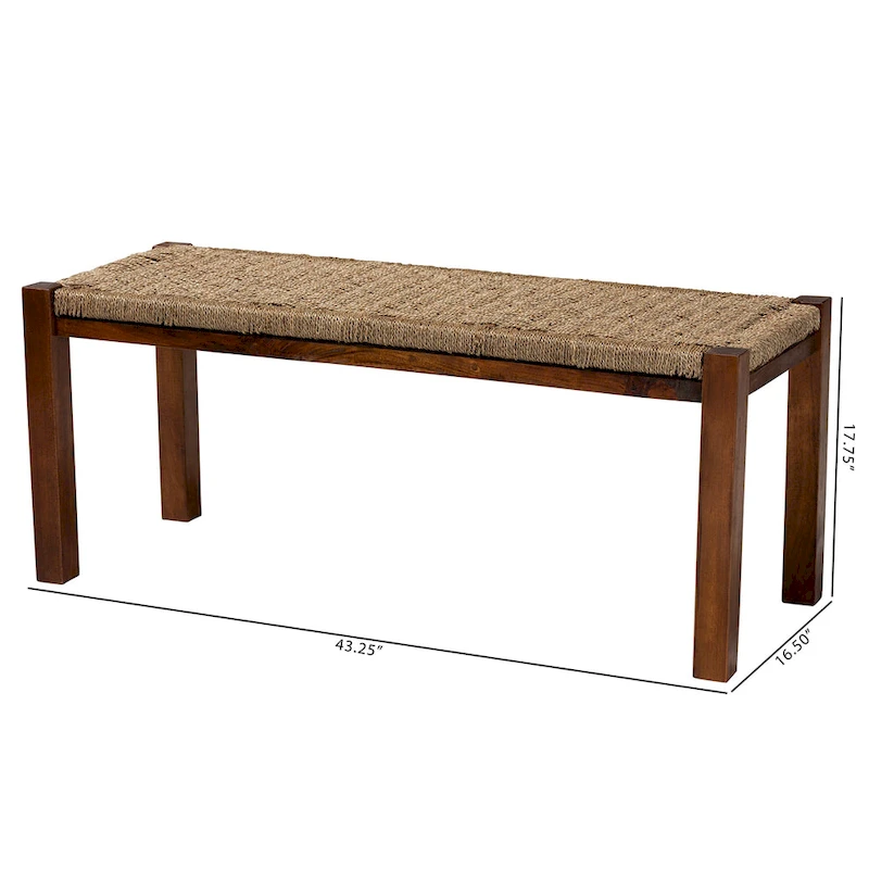 Hermes Mid-Century Modern Transitional Natural Seagrass and Mahogany Wood Bench