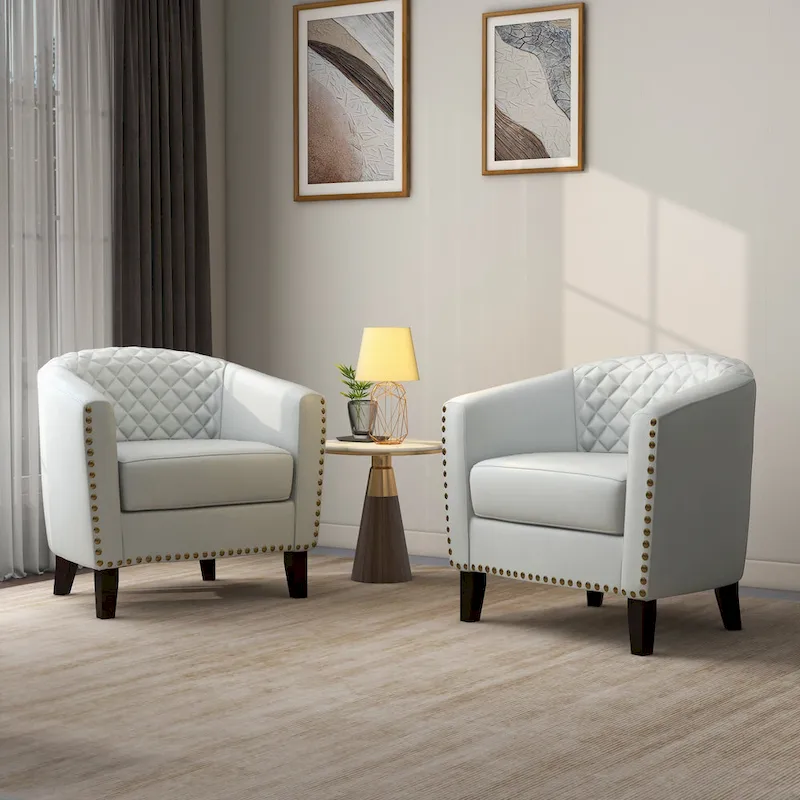 2 Set Vegan Leather Barrel Accent Chairs with Nailheads Trim