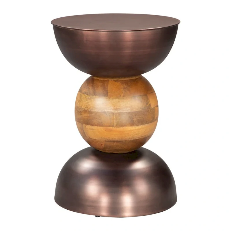 Round Pedestal End Table - Bronze & Brown, Iron & Solid Wood, 20W x 20.3H