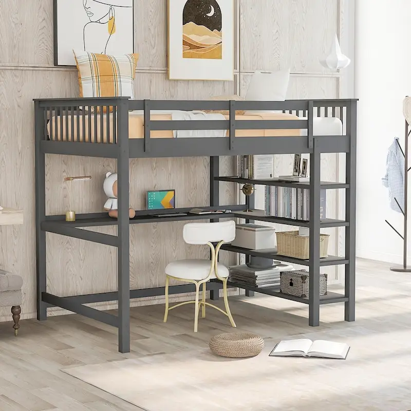 Nestfair Wooden Full Size Loft Bed with Shelves and Desk
