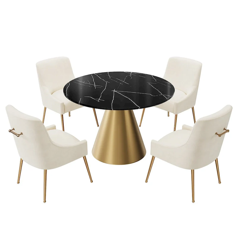 Clihome 5 Piece Black Marble Top Table with Velvet Dining Chair Set