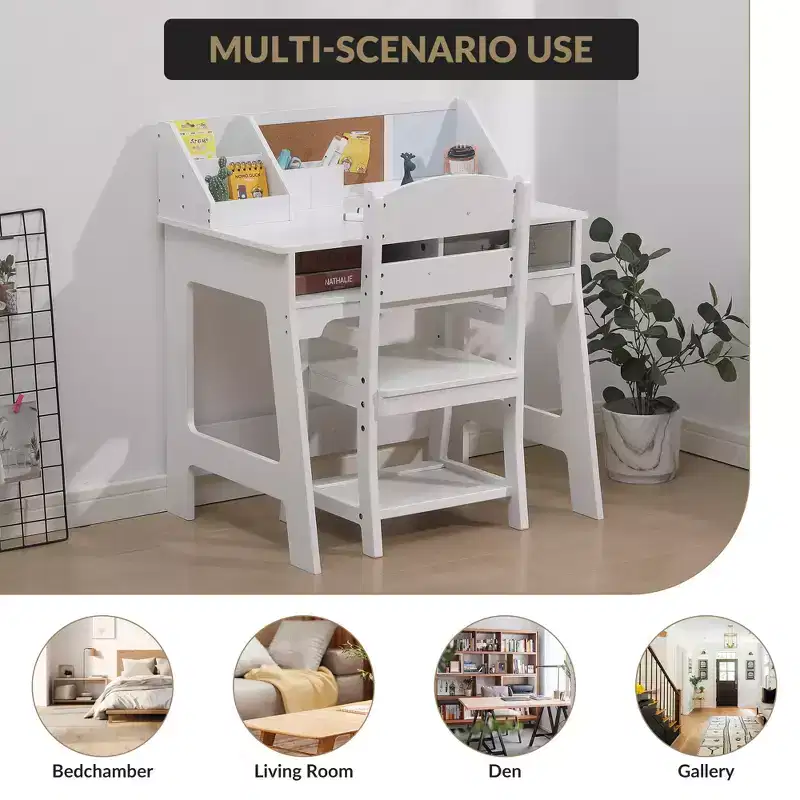 COZONY Kids Study Table Set with Adjustable Chair, Study Desk with Hutch, Bulletin Board, 2 Drawers, 2 Pen Holders