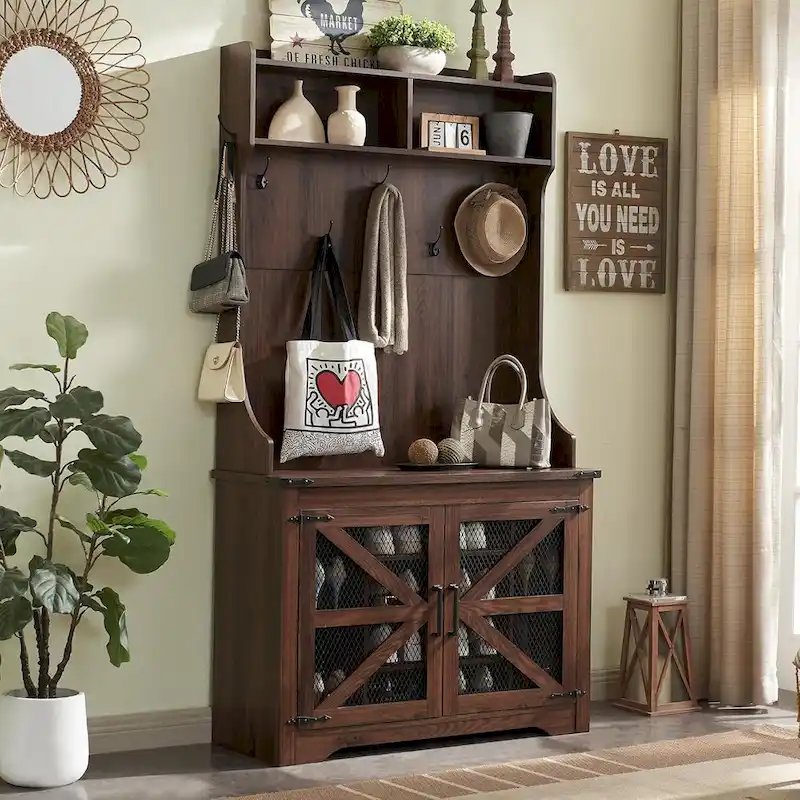 42  Wide Farmhouse Entryway Bench with Coat Rack, Mudroom Cabinet