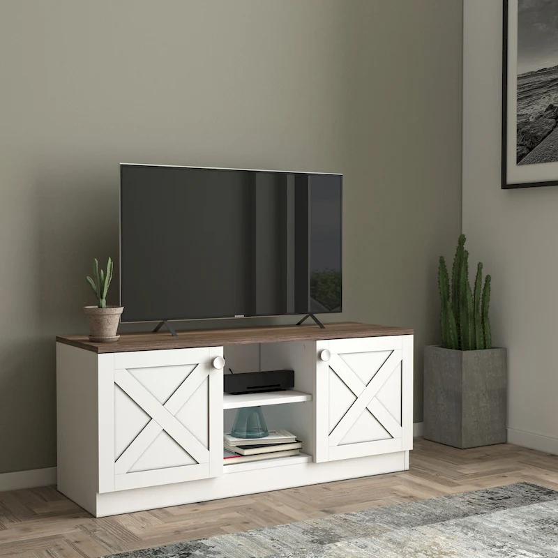 Conte Modern TV Stand with 2 Doors Storage Cabinets, Wood Finish, Living Room Entertainment Center