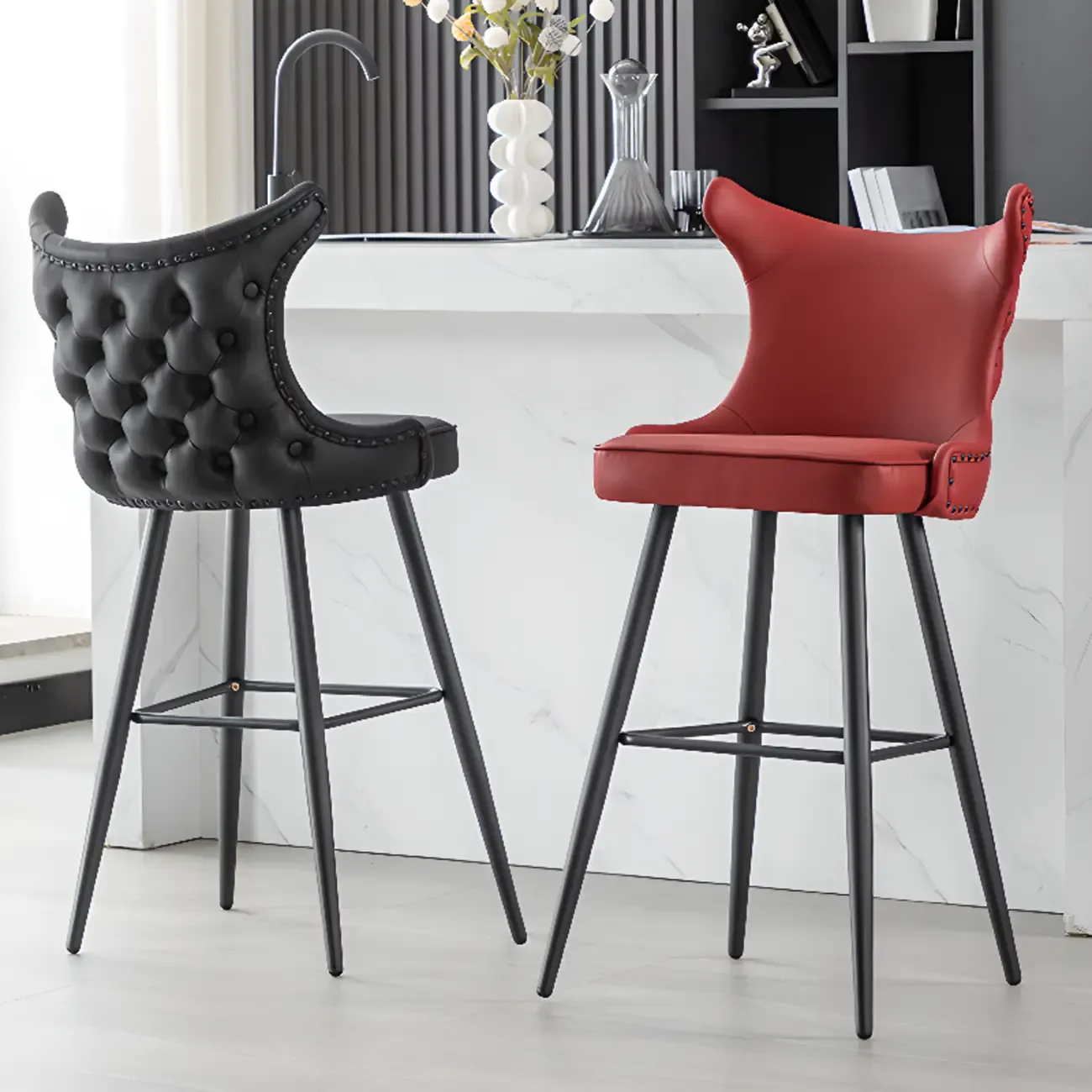 Tufted Four Legs Leather Wingback Counter Bar Stools