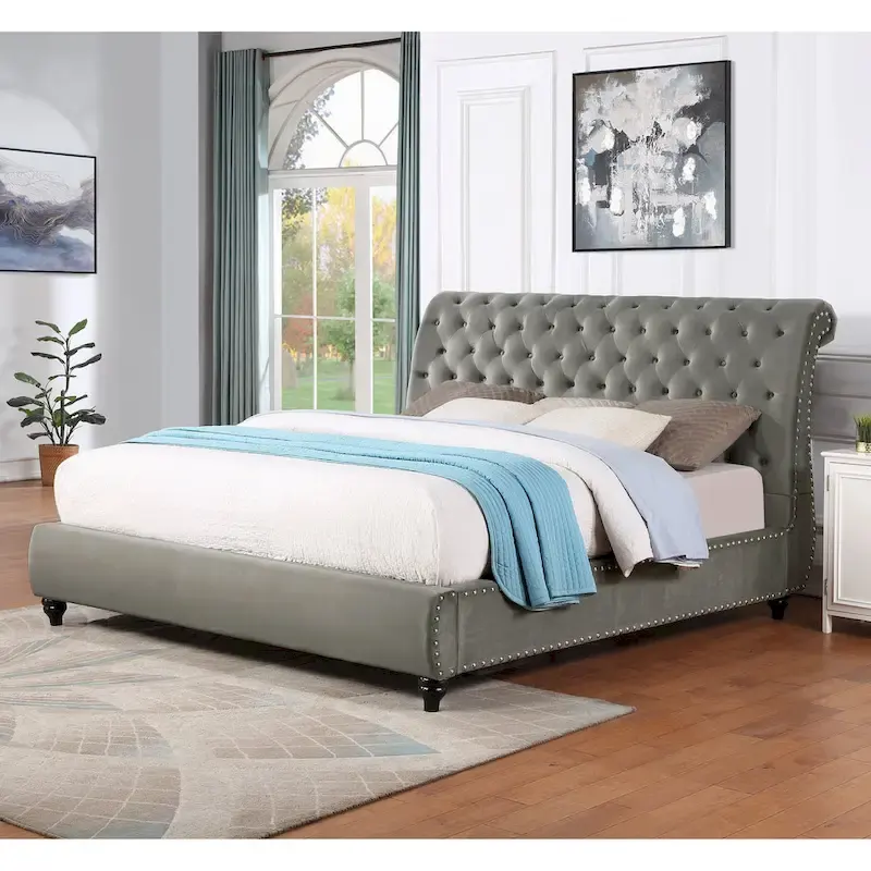 Cerderia Velvet Upholstered Button Tufted Nailhead Trim Sleigh Bed, Gray