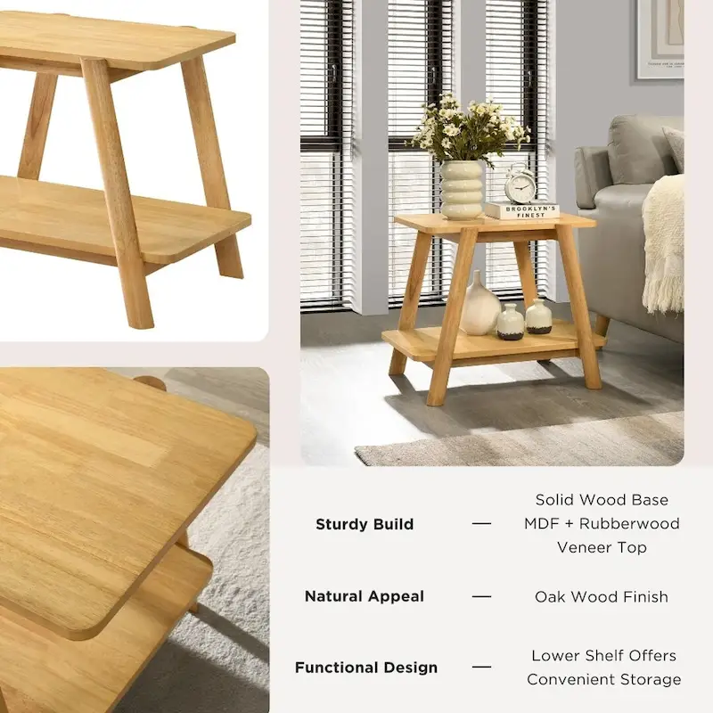 Mid-Century End Table - Wood, Sculptural Design, Storage Shelf, 26.77W x 21.65H