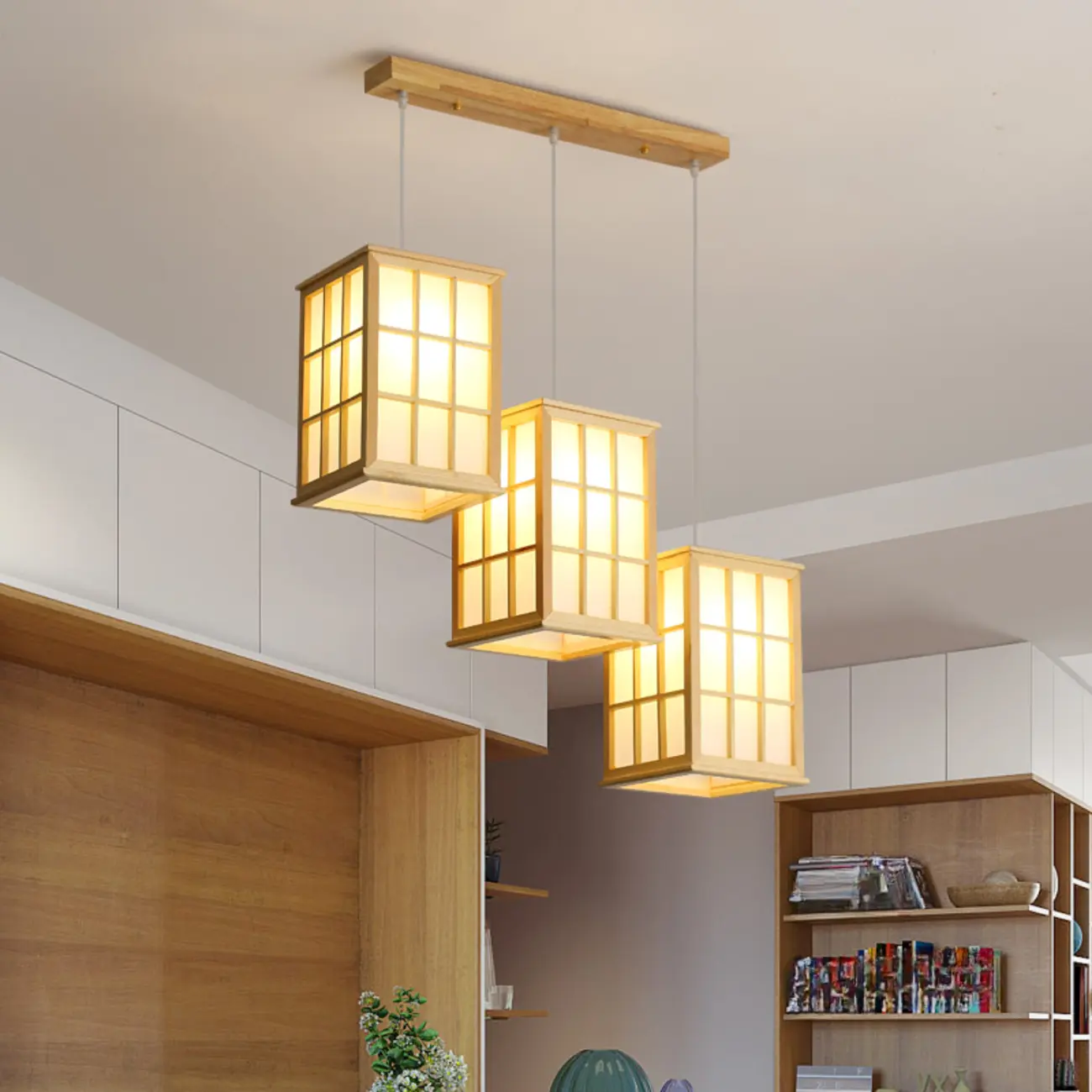 3 Light Island Pendant Light in Natural Wood with Rectangular Shape