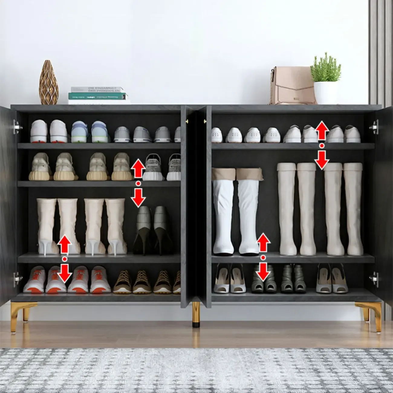 Elegant Grey Wood Hallway Shoe Cabinet with Metal Legs