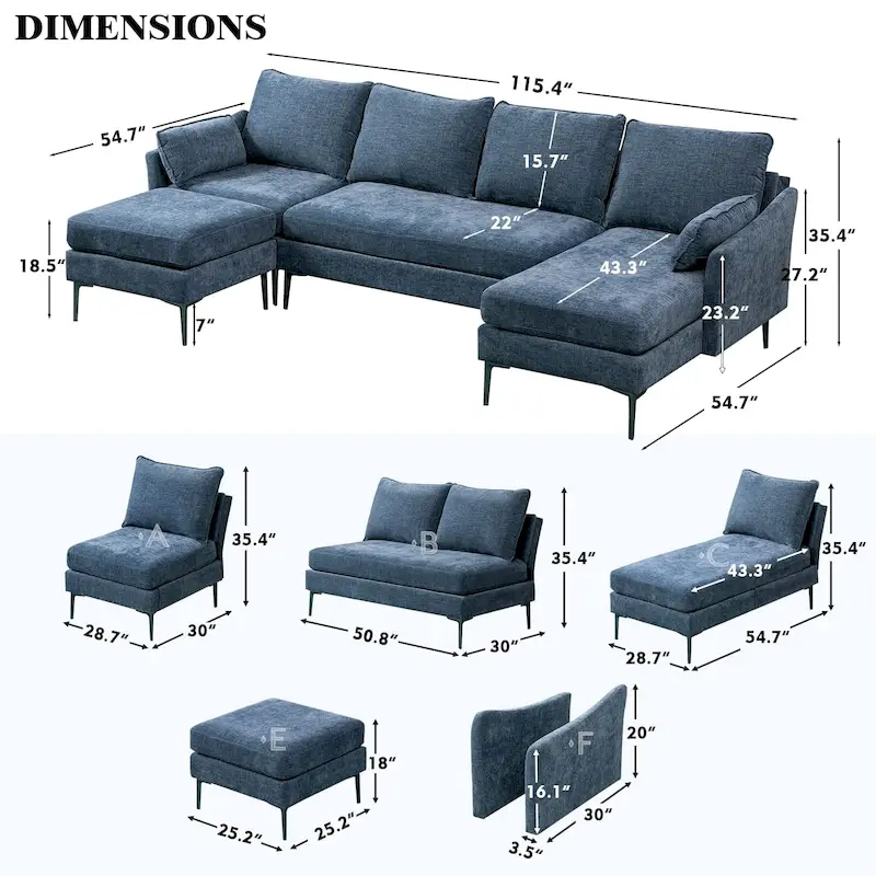 EROMMY U Shaped 6-seat Sectional Sofa Couch, Reversible Sleeper in Modern Chenille Design, with Chaise Lounge and Ottoman