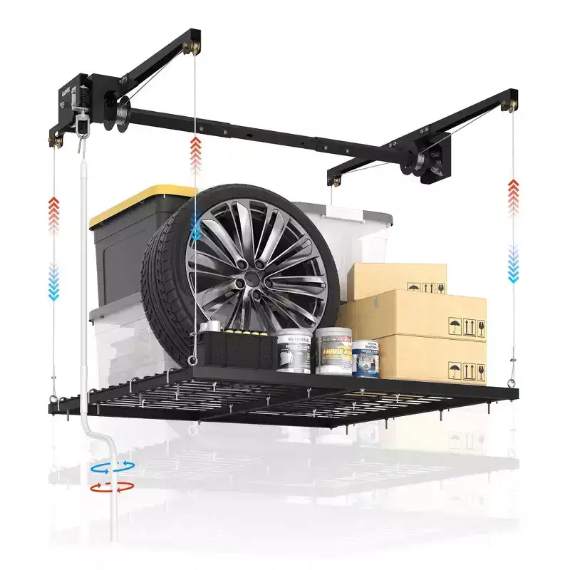 Black Metal Ceiling Storage Rack, 4×4 Ft, Adjustable Height, 350 lbs Capacity