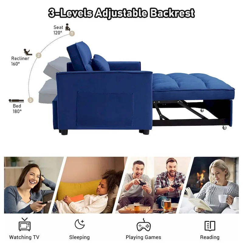 Convertible Sleeper Loveseat, 3-Position Backrest, Velvet, Foam, Side Pockets, USB, Seats 2/Twin Bed, Blue/Black/Grey