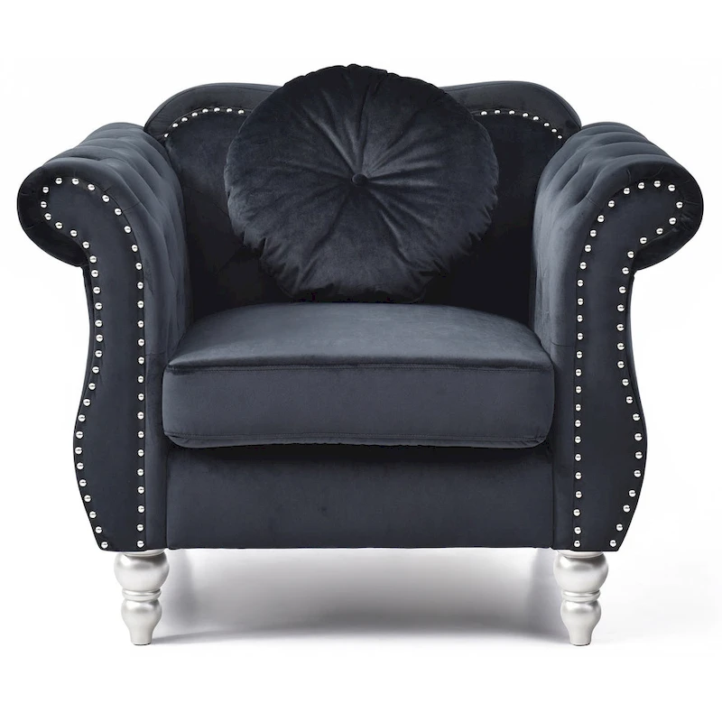 Hollywood Chesterfield Tufted Velvet Accent Chair with Round Throw Pillow - 39L x 35W x 34H