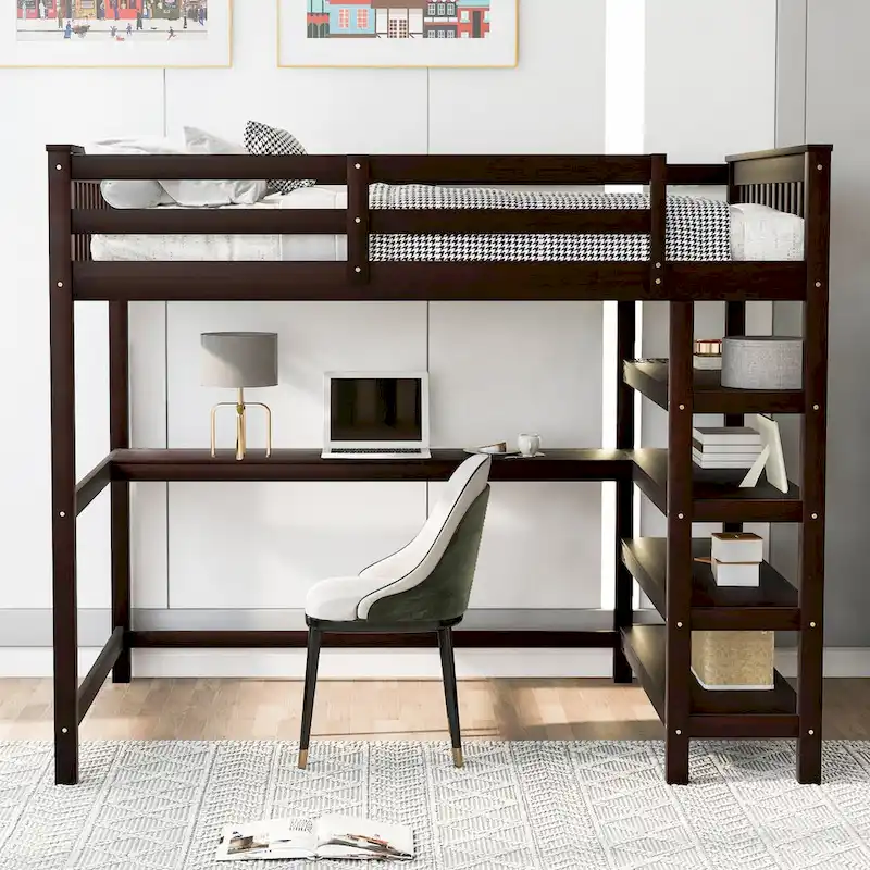 Espresso Solid Wood Loft Bed with Integrated Desk, Storage Shelves, and Stable Guardrails
