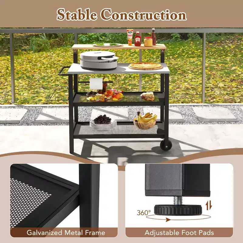 Rolling Bar Cart w/ Flip-up Table Hooks Paper Towel Holder Trash Bag Holder
