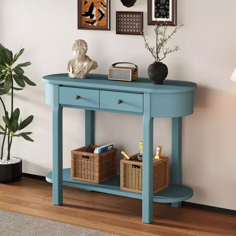 MAYEERTY Retro Console Table with Curved Design and Smooth Glaze for Entryways Living Room Hallways Turquoise Green