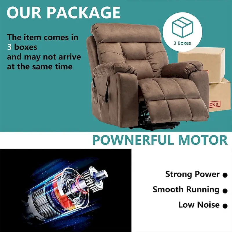 Power Lift Recliner, Massage & Heat, Velvet, 8-Point Massage, Cup Holder, Reclines 160°, Seats 1, Light/Dark Brown