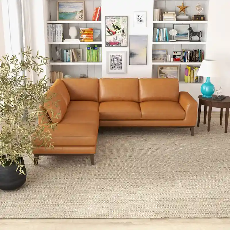 Miama Living Room Full Grain Genuine Leather Best Sectional Couch in Cognac Tan