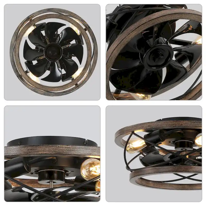 CurveCurio 18  Drum Farmhouse Wood Ceiling Fan, Wood Fan Light with Metal Accents, 4 Light 3 Fan Speed w Remote Control